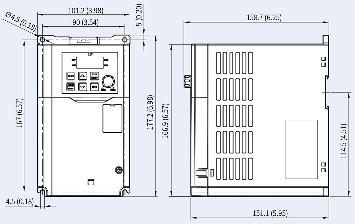 Biến tần LS LSLV0022G100-4EONN 2.2KW 3 Pha 380V 7 Kích thước lắp tủ biến tần LS G100 Series