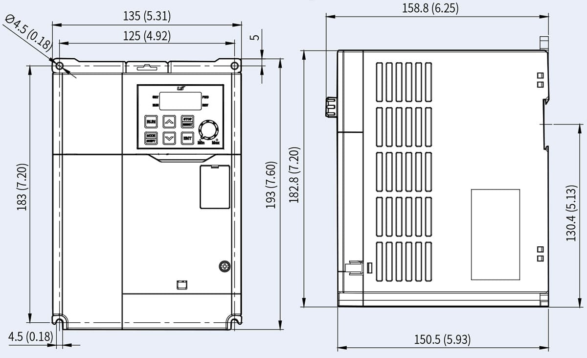 Biến tần LS LSLV0040G100-4EOFN 4KW 3 Pha 380V 7 Kích thước lắp tủ biến tần LS G100 Series