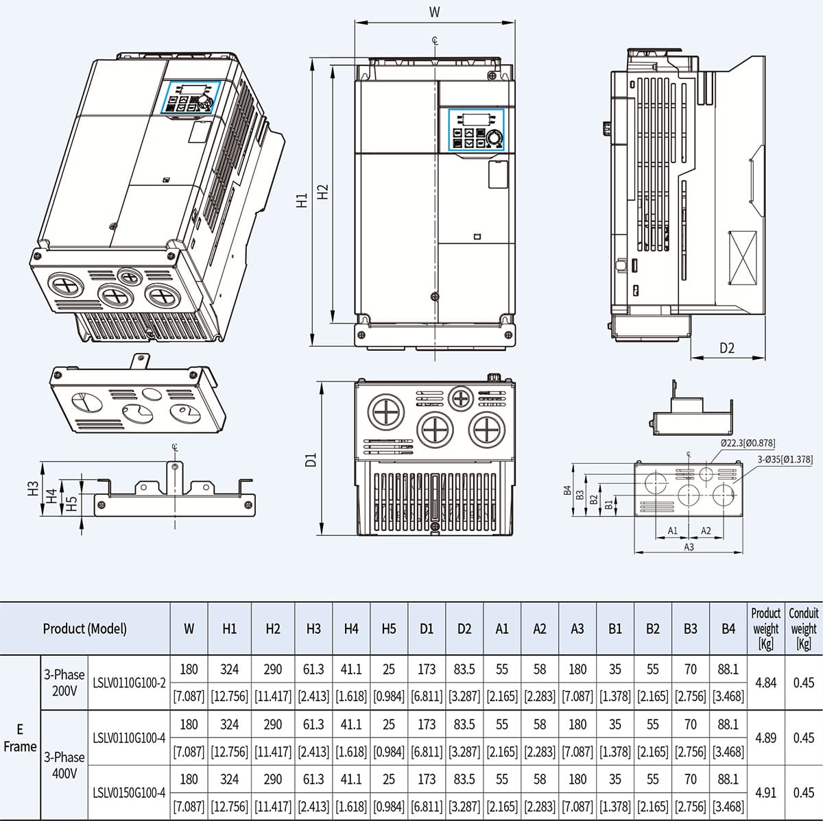 Biến tần LS LSLV0110G100-4EONN 11KW 3 Pha 380V 7 Kích thước lắp tủ biến tần LS G100 Series