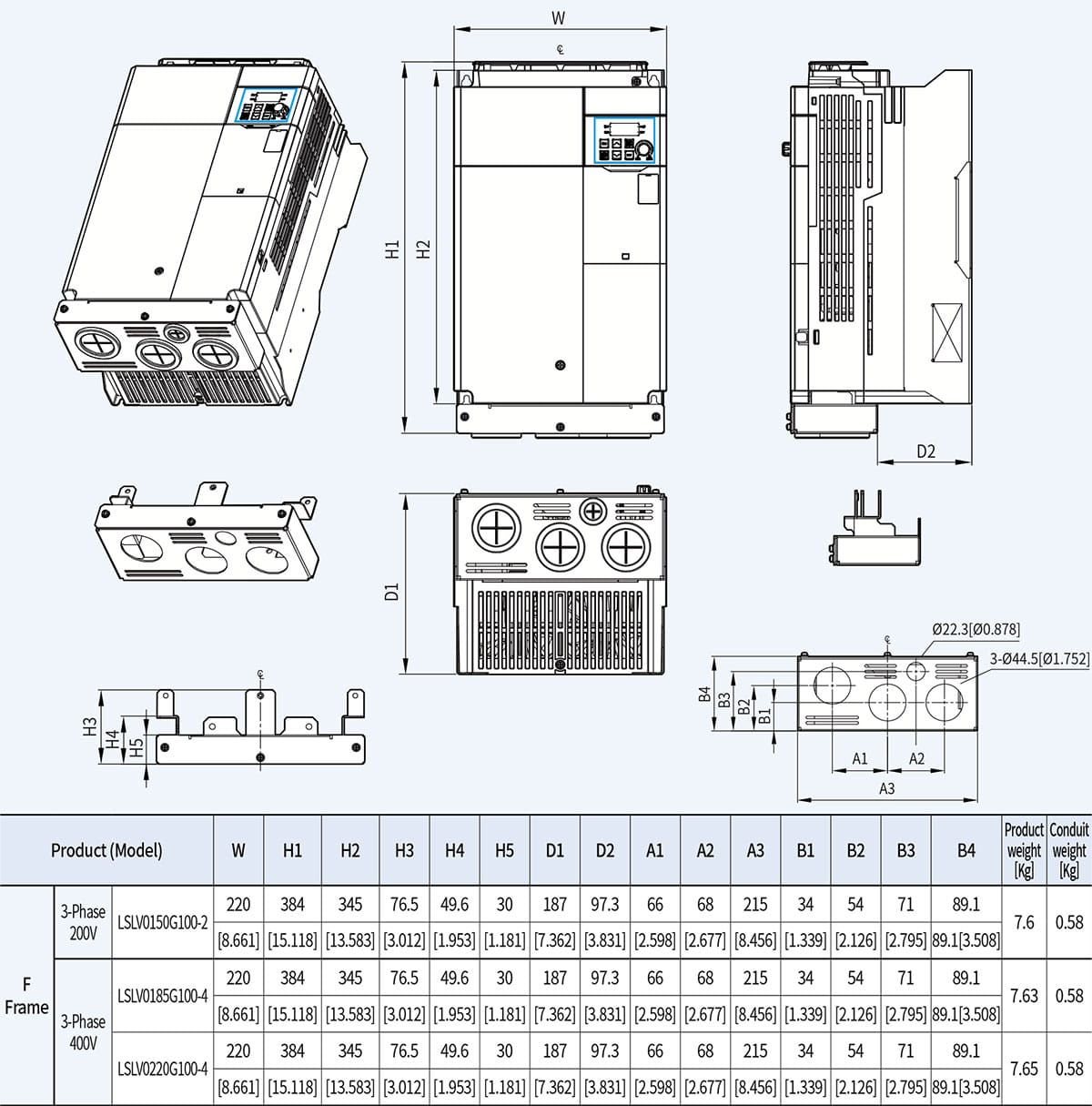 Biến tần LS LSLV0220G100-4EOFN 22KW 3 Pha 380V 7 Kích thước lắp tủ biến tần LS G100 Series