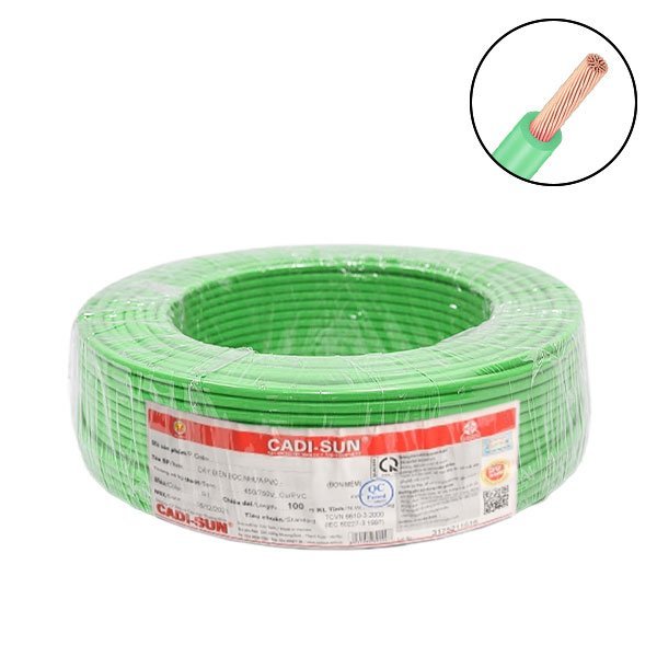Dây điện 1 lõi Cadisun VCSF-1×0.75mm2–300V, 500V (Xanh lá) 1 Dây điện 1 lõi Cadisun VCSF-1×0.75mm2–300V, 500V (Xanh lá)
