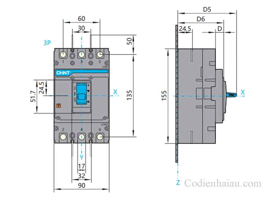 MCCB Chint NXM-160S/3300 100A 36kA 3P 3 Kich-thuoc-lap-dat-MCCB-Chint-NXM-160S-3P