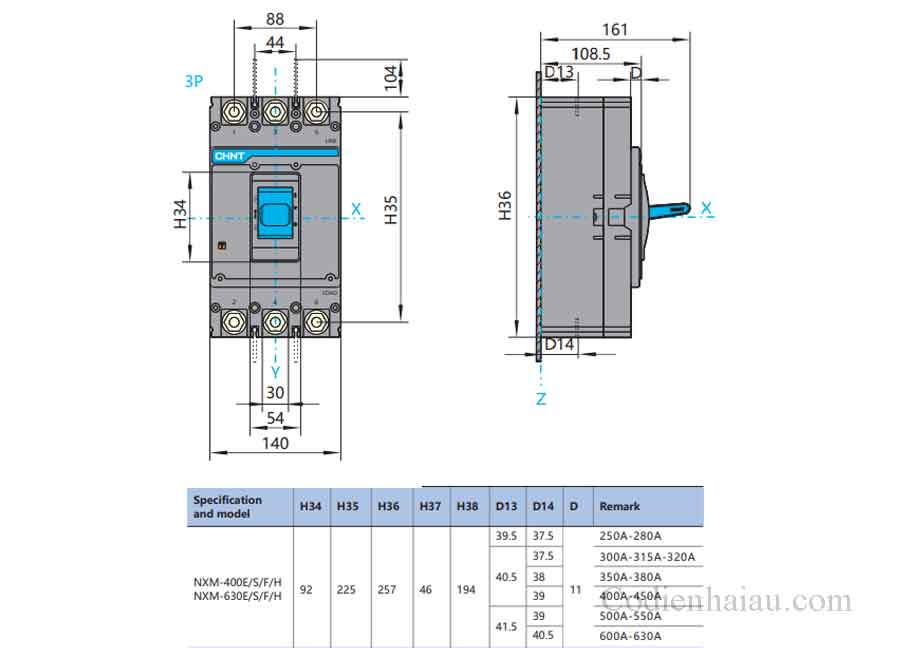 MCCB Chint NXM-400S/3300 320A 50kA 3P 3 Kich-thuoc-lap-dat-MCCB-Chint-NXM-400S-3P