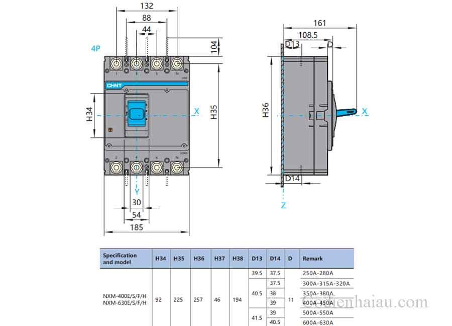 MCCB Chint NXM-400S/4300 320A 50kA 4P 3 Kich-thuoc-lap-dat-MCCB-Chint-NXM-400S-4P