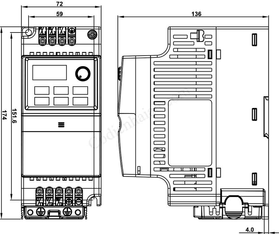 Biến tần Delta VFD004EL43A 0.4kW 3 Pha 380V 7 Kích thước lắp đặt biến tần Delta