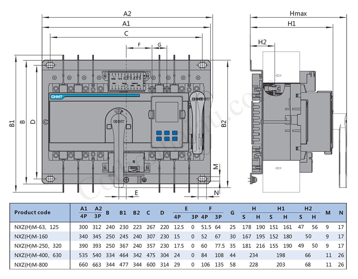 Bộ chuyển đổi nguồn ATS Chint NXZM-125S/3B 80A 25kA 3P 7 Kích thước lắp đặt bộ chuyển đổi nguồn ATS Chint NXZM Series cho tủ điện