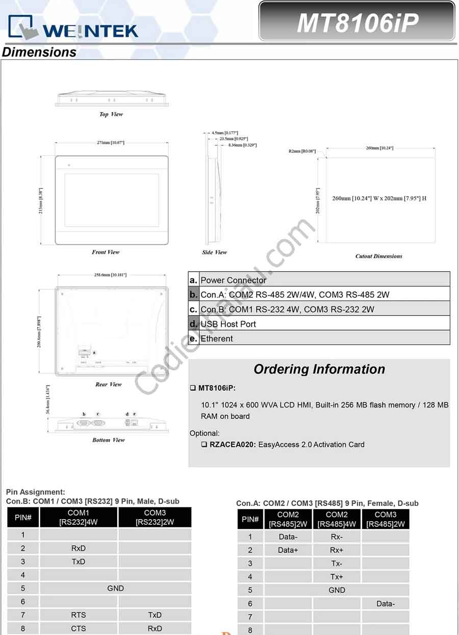 HMI Weintek MT8106iP 10.1 inch 24VDC 3 HMI Weintek MT8106iP